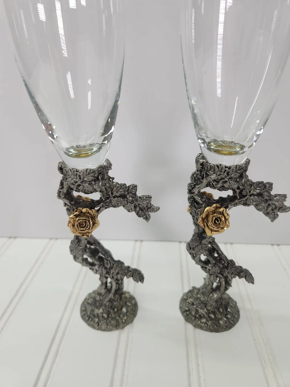 Vintage Fellowship Foundry Kevin O'Hare Pewter & Gold Rose Toasting Flutes Set